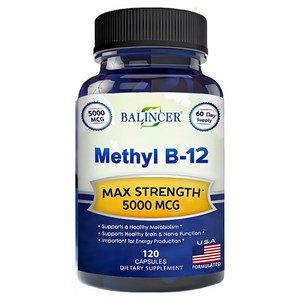 메틸코발라민(메틸 B-12)이 함유된 비타민 B12-5000 MCG 보충제 - 최대 강도의 비타민 B 12 지원으로 자연 에너지를 강화하고 뇌와 심장 기능에 도움이 됩니다., 60정, 1개