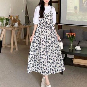 여름 여성 캐주얼 빅 사이즈 반팔 티셔츠 플라워 프린트 나시 원피스 페이크 투피스